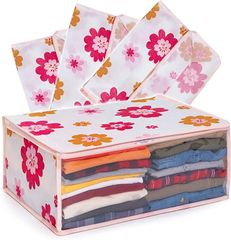 【在庫処分】アストロ 収納ケース 衣類用 ホワイト 花柄 4個組 不織布 収納袋 ソフトケース 折りたたみ フラワープリント 防塵 透明窓付き 618-91
