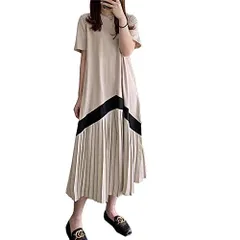 カーキ_L H.U.A エイチユーエー半袖 マキシ丈 ロング プリーツ ワンピース 体型カバー マタニティ レディース カーキ L