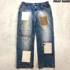 PHAT FARM デニムパンツ ジーパン ジーンズ ワイド バギー ヴィンテージ加工 リペア加工 パッチワーク W40×L34 青系 インディゴブルー ファットファーム