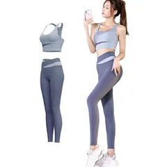 [FLYSHION] フィットネスウェア レディース ヨガウェア 上下セット スポーツブラ カップ付き レギンス ブルー2枚組(スポーツブラ+ヨガパンツ) size：M