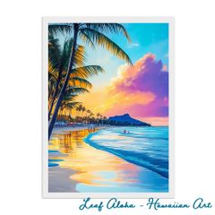 ハワイアンアート 額付き A4｜ダイヤモンドヘッドの夕彩 No.33 Leaf Aloha