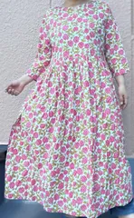 o26 o27 ブロックプリント　ロングワンピース 花柄 ピンク 　マキシ丈　七分袖