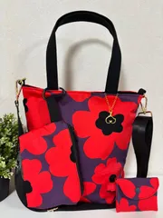 【裁縫ストア・ボヌール】大人かわいい　北欧風　大輪花柄　ツイルアネモネガーデン　赤/パープル　トートバッグ　ポーチ　ミニポーチ　ショルダーバッグ　ハンドメイド　ショルダーストラップ付き　ゴージャス  / №500-430