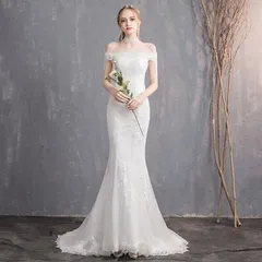 通常ボーナスプラス 対象 ウェディングドレス マーメイドライン ドレス オフショルダー 花嫁 結婚式 ウエディングドレス 編み上げタイプ レース 刺繍トレーンドレ 大きいサイズのサムネイル