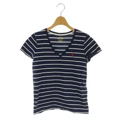 ポロ ラルフローレン POLO RALPH LAUREN コットン ボーダーカットソー 半袖 Vネック 刺繍 XS 紺 ネイビー /MY ■OS