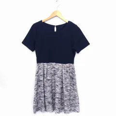 ビス ViS ワンピース 切替 ニット ツイード 丸首 半袖 ひざ丈 フレア M ネイビー 紺 /FT43