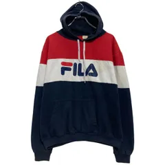 FILA ロゴスウェット パーカー M 程 レッド ネイビー フィラ プルオーバー 裏起毛 古着卸 アメリカ仕入 a612-8204