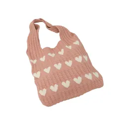 [Sunny Glow] ニットバッグ トートバッグ ニットトートバッグ 編みバッグ ショルダー 編み込み ハート 可愛い 韓国 大容量 軽量 A4サイズ(ピンク) 
