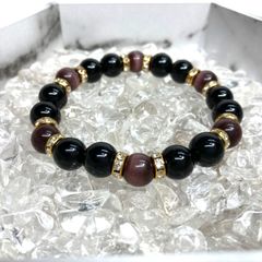 キャッツアイ(パープル) オニキス パワーストーン ブレスレット (ゴールド) メンズ・レディース　男性・女性　数珠ブレス 開運 [23]
