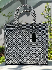 新品 大人気オアハカ産 メルカドバッグ メキシコ ダイヤ柄 白黒 MサイズY2