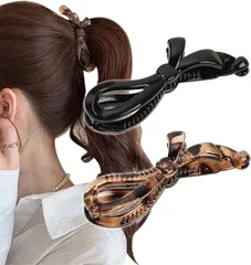 Herbeluemily(ハベルミリィ) バナナクリップ ヘアクリップ しっかり 髪留め リボン シンプル かわいい 2個セット(B ブラック+クリアべっ甲)