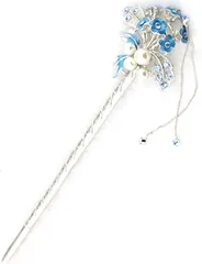 Miaomyao ミャオミャオ 簪 かんざし 一本 髪飾り 和装 留袖 着物 金属 パール ビジュー 花 フラワー 花束 ブーケ ヘアアクセサリー シルバー(青,  ワンサイズ)