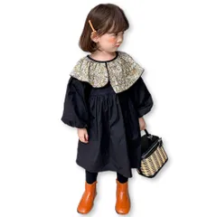 [Lezalic] キッズ ワンピース 花柄 襟 バルーンスリーブ 長袖 ブラック 入学式 卒園式 結婚式 発表会 女の子 (115) [115]