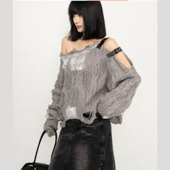 ダメージデザイン オフショルダー ニットセーター ストラップディテール ケーブルニット オーバーサイズ グランジスタイル