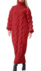 【レッド】ワンピース ケーブルニット タートルネック 長袖 ロング 暖かい 秋冬 体型カバー おしゃれ