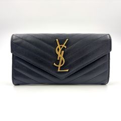 SAINT LAURENT PARIS Vステッチ YSLロゴ キャビアスキン ブラック 長財布 ゴールド