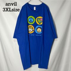 【anvil】子供 イラストロゴ peace • love · awareness 平和　ハート　プリントロゴ　オーバーサイズ　希少サイズ　半袖Tシャツ　ブルー　3XL US古着