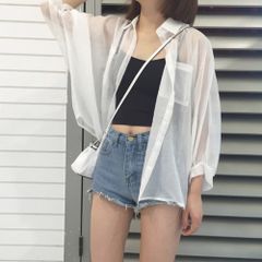 襟付き シャツ レディース カジュアル 長袖 ホワイト 白 おしゃれ 夏 涼しい 薄手 薄い オフィス オフィスカジュアル 大きめ ゆったり ゆるめ 羽織り 羽織 色気 長め 無地 かわいい とろみ かっこいい カッコいい きれいめ きれい 長袖シャツ 透け感