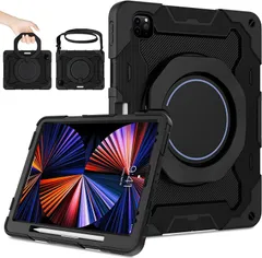iPad Air13インチ/Pro12.9(2022/2021/2020/2018)_ブラック ?置き iPad Air 13インチM2 (2024)/iPad Pro 12.9 第6世代 ケース 耐衝撃 肩ショルダー付き 360°回転 スタンド ペン 収納