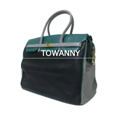 TOWANNY トワニー オーストリッチ レザー 大判 ハンドバッグ ビジネスバッグ 底鋲 ブラック×グレー×グリーン メンズ レディースのサムネイル