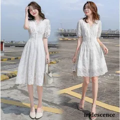 ワンピース レディース 40代 きれいめ膝丈ワンピース 春夏新作 半袖ワンピース 白レース シフォン Vネック Aラインスカート オシャレ結婚式ドレス 大人 上品
