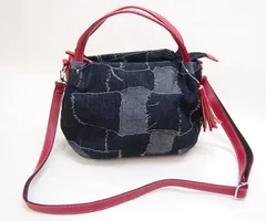 トート/斜め掛け 綿素材 軽量 パッチワークデニム素材２WAYバッグ ブロックデニム（ブラック×レッド）