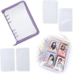 Noalife(ノアライフ) アクスタケース 推し活グッズ 収納 持ち運び ファイル 6リングファスナーケース リフィル チェキ アルバム チェキ帳 パープル リフィルセット( パープル リフィルセット,  A6)
