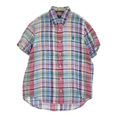RALPH LAUREN リネン マドラスチェック ボタンダウンシャツ サイズS インド製 半袖 ライトブルー レディース ラルフローレン【中古】5-0809S♪