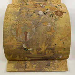【美品】 袋帯 秀品 若松蒔絵文様 草花 蝶 金糸 箔 金色 六通 正絹 【中古】