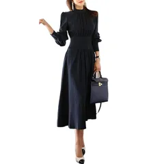 【新品】 [YUANYUAN]春ワンピース スーツドレス レディース スカートスーツ ドレス フレア型 ハイウエスト 長袖 オフィス フォーマル エレガント カジュアル ゆったり OL 通勤 ママ 卒業式 入学式 発表会 春秋冬 (ネイビー,L,L) 0