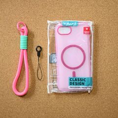iPhone16e用 Magsafe対応 キャンディーカラー マットスマホケース ハンドリストストラップ付 ピンク