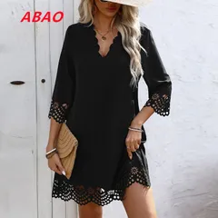 【新商品が大人気です！】ワンピース レディース 膝丈 Vネック 5分袖 シースルー 透かし彫り 半袖 春 夏 Aライン 体型カバー 無地ワンピ ゆったり きれいめ 無地 リゾート 旅行 ビーチ 海 黒 赤