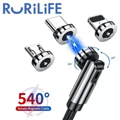 RURILIFE マグネット 充電ケーブル 3in1 USBケーブル 540°充電コード 2m 回転 磁石 マグネット充電ケーブル マグネット式 充電 ケーブル コード スマホ充電コード マグネット式充電ケーブル 充電器 磁気 iphone android T