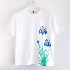 手描きカキツバタ柄Tシャツ メンズ 　ホワイト 燕子花 花柄 春 和風 和柄