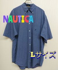 NAUTICA　ノーティカ　青　チェック半袖シャツ　L　コットン100％　古着