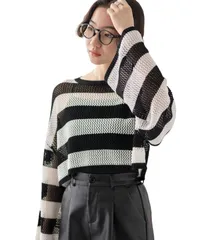 Free Size_ブラックボーダー [ウィゴー] ショート メッシュ ニット プルオーバー 服 長袖 メッシュニット ショート丈 トップス 春服 夏服 ガーリー 韓国 ギフト プレゼント 大人 春 夏 秋 冬 レディース F ブラックボーダー