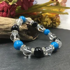 ターコイズ×水晶×オニキス パワーストーン ブレスレット 10mm（シルバー）メンズ・レディース　男性・女性　数珠ブレス　開運 [17]