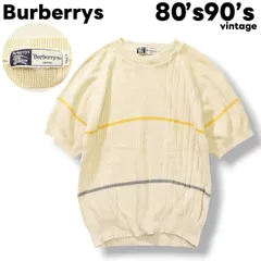 【希少】 80s 90s ヴィンテージ バーバリー ロンドン Burberrys LONDON 半袖 コットン ニット セーター ローゲージ ラグランスリーブ M クリーム x ボーダー柄 レディース ♪