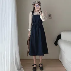 デニムジャンパースカート レディース デニム サロペット ミモレ丈 ワンピース 無地 オールインワン ジャンスカ オーバーオール フレアワンピ 重ね着 レイヤード 体型カバー ゆったり カジュアル 可愛い オシャレhanyihui01