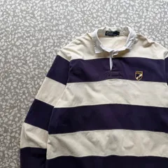 Polo by Ralph Lauren / 90’s border polo ラルフローレン　古着　90年代　極太ボーダー　ラガーシャツ　ワンポイント刺繍ロゴ　茄子紺　ポロシャツ　古着　アメカジ　ストリート
