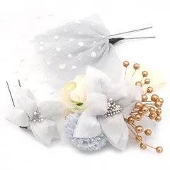 髪飾り ３点セット 京都 西陣 和小物 京あそび 成人式 花 グレー チュール パール 和風 浴衣 着物 振袖 袴 七五三 子供 キッズ ヘアアクセサリー 髪留め コーム 結婚式お呼ばれ 大きめ 日本製 送料無料 W93 CM-4-811 w702　Si