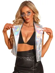 Allegra K ハロウィン コスチューム ジップクロップドベスト 襟付き メタリック フェイクレザー ラペルカラー ノースリーブ レディース ホログラフィック M