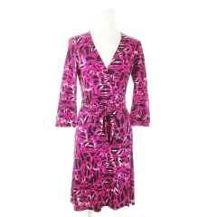 ダイアンフォンファステンバーグ DIANE von FURSTENBERG カシュクールワンピース ひざ丈 七分袖 絹 シルク 総柄 リボン 2 M ピンク /AO14 ■GY19