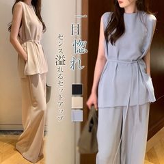 セットアップ レディース ワイドパンツ タンクトップノースリーブブラウス 春 夏 トップス パンツ ロング丈 ブラウス ロングパンツ フォーマル ハイウエスト 上品 2点セット 高級感 涼しい 着痩せ シンプル カジュアル エレガント mObV717