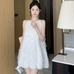 フワフワシャギーと小さなリボンがポイント?パーティードレス　ミニ　フェミニン