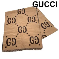 ● グッチ GUCCI GGジャカード マフラー スカーフ ストール リバーシブル フリンジ ブラウン ベージュ ウール シルク レディース 5E134