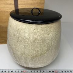 水指 楕円形 オーバル 蓋付き 白釉 茶道具 古道具 時代物 陶器 花器