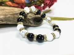 ハウライト&オニキス パワーストーン ブレスレット 天然石 10mm （ゴールド）メンズ・レディース　男性・女性　数珠ブレス　開運 [17]