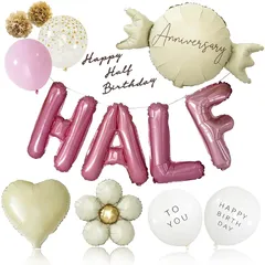 【新品】 deerzon ハーフバースデー 飾り ハーフ くすみカラー 数字 バルーン 誕生日 飾り付け 風船 13点 セット 1/2 男の子 女の子 数字バルーン くすみピンク HALF 0