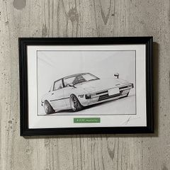 マツダ　SAサバンナ RX-7 前期フロント　鉛筆画　名車 旧車 ノスタルジックカー イラスト 絵画 デッサン 絵　A4サイズ   額付き 作者直筆サイン入り 車好き 男性 向け バースデー  退職祝い ギフト クリスマス プレゼント にも最適